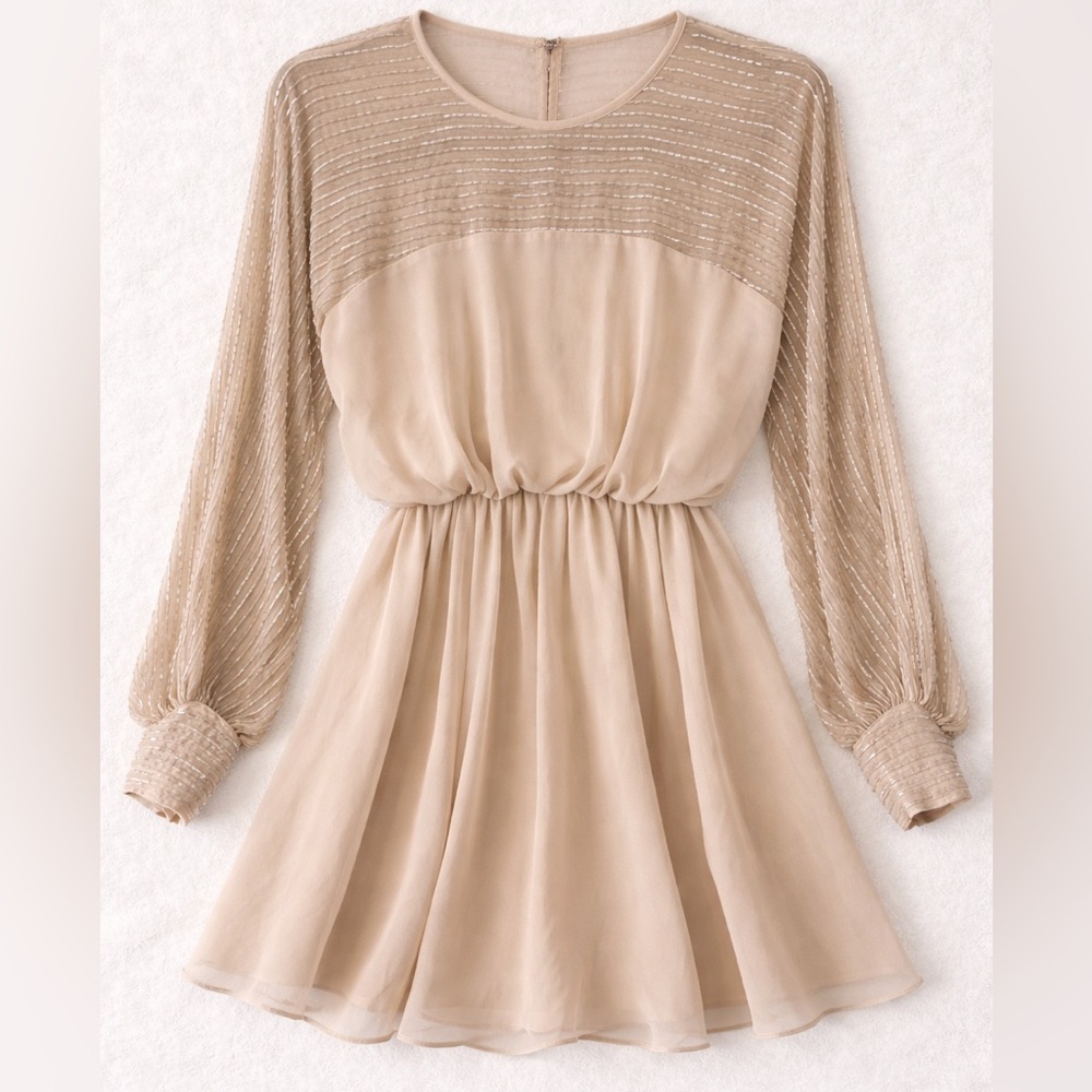 ASOS Design Beaded Chiffon Mini Dress US 4 Beige Taupe Sheer Sleeve Wedding